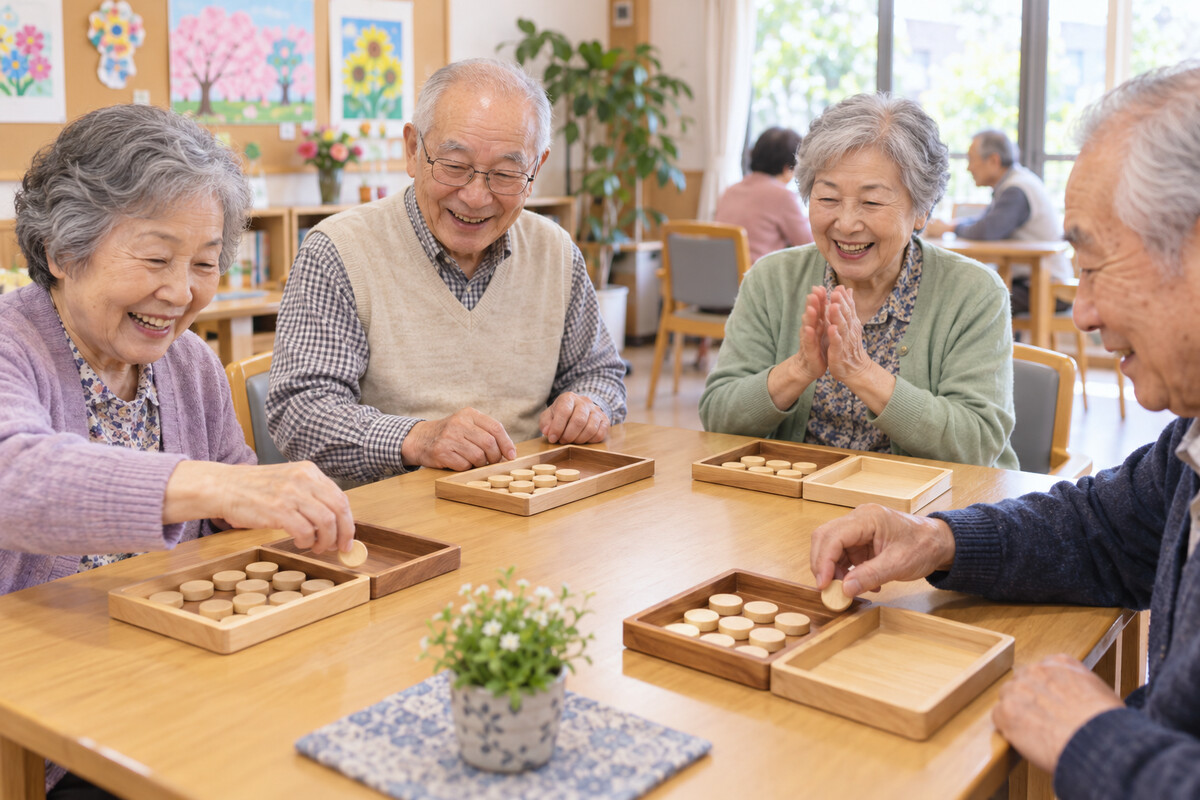 木製コインを使った引き算ゲームを楽しむ高齢者グループ