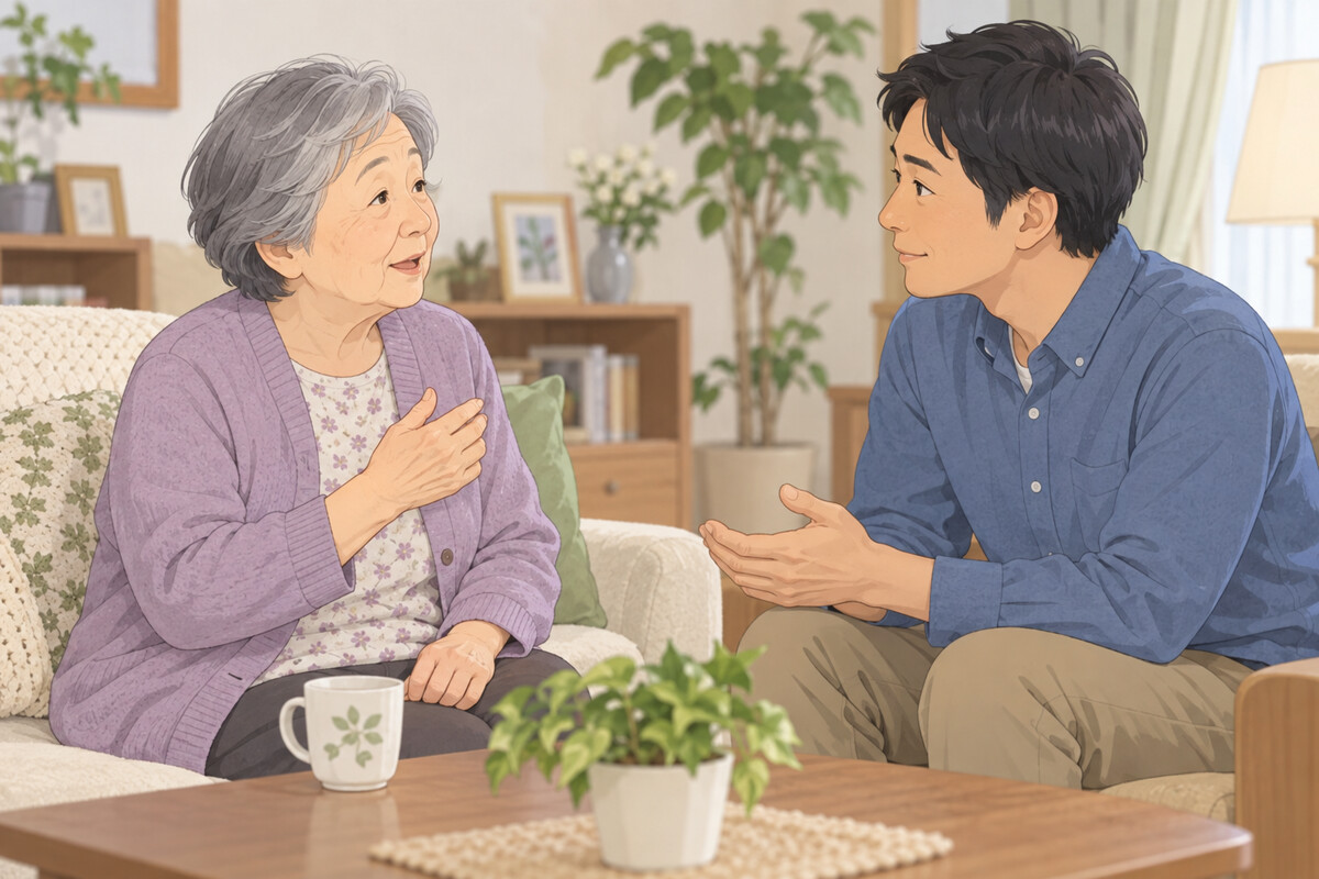 失語症の高齢者が話すのをゆっくり待つ家族
