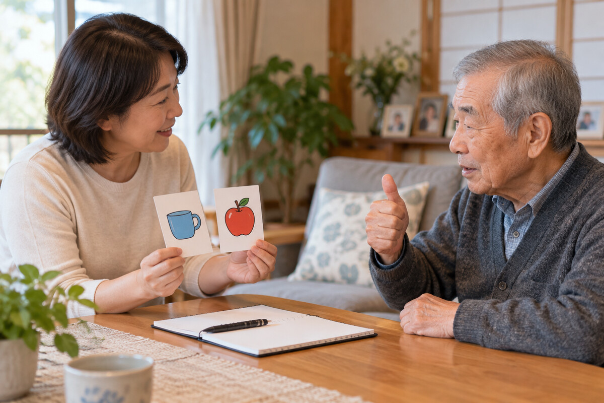 絵カードと身振りを使って家族と会話する失語症の高齢者