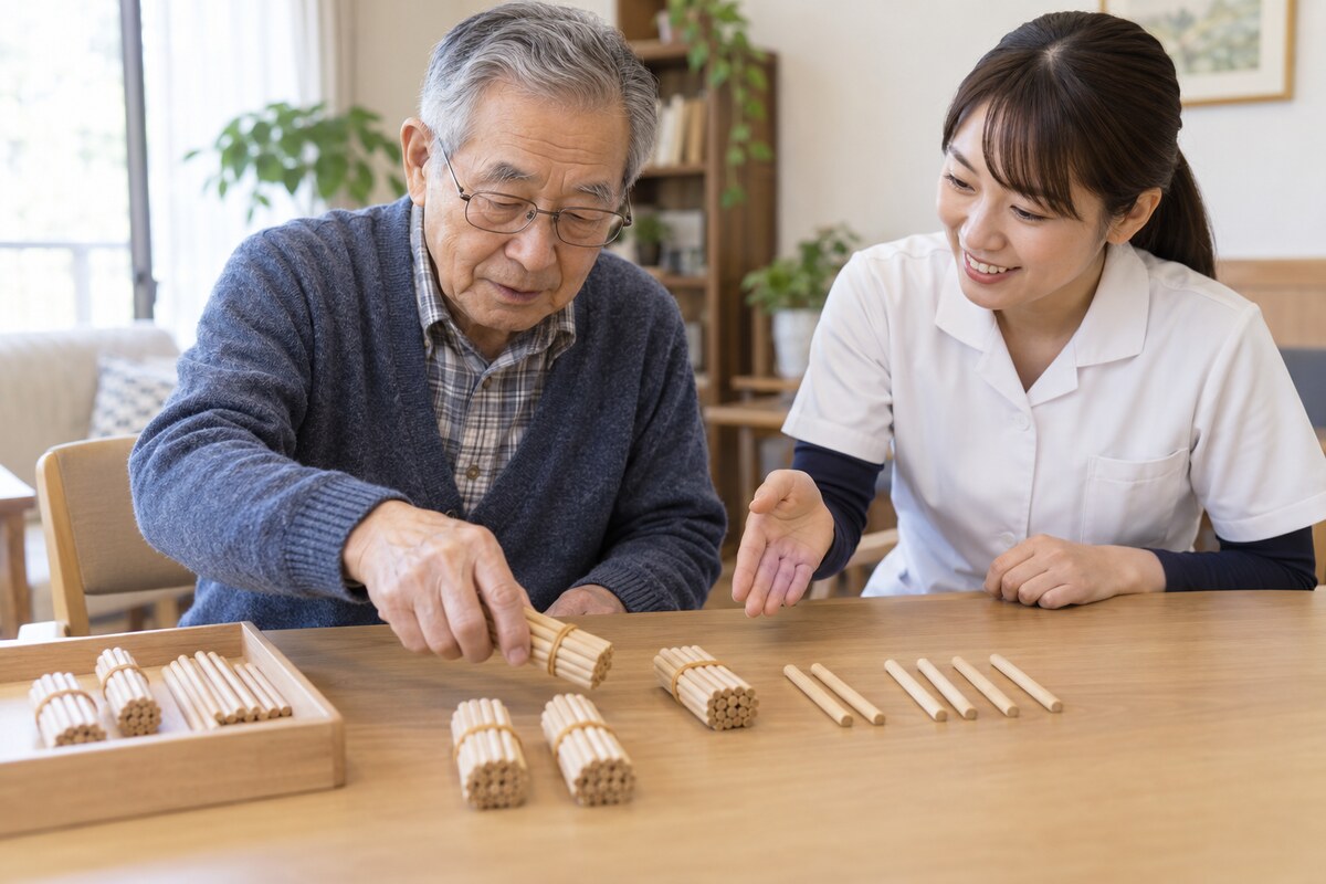 棒の束を使って2桁の足し算を学ぶ高齢者