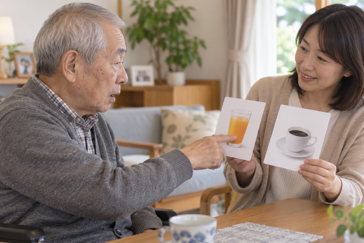 家族と絵カードを使って希望を伝える失語症の高齢者