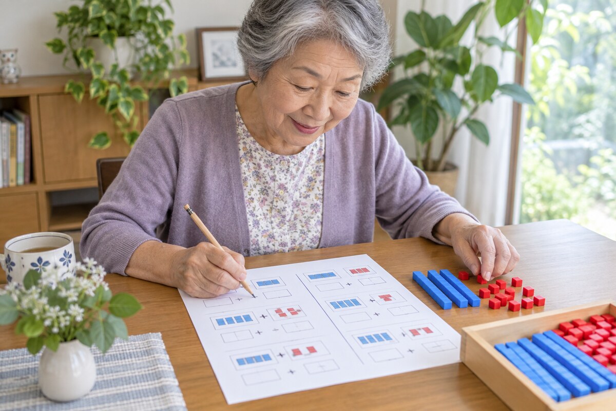 十の棒と一のコマを使って2桁の足し算に取り組む高齢者