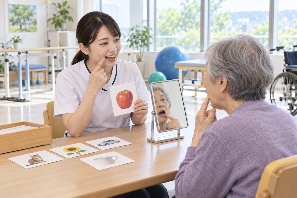 言語聴覚士による言葉のリハビリを受ける高齢者