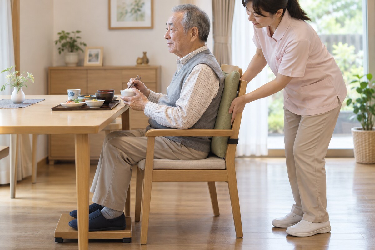 背もたれと足台を調整して安全な食事姿勢を整える介護職