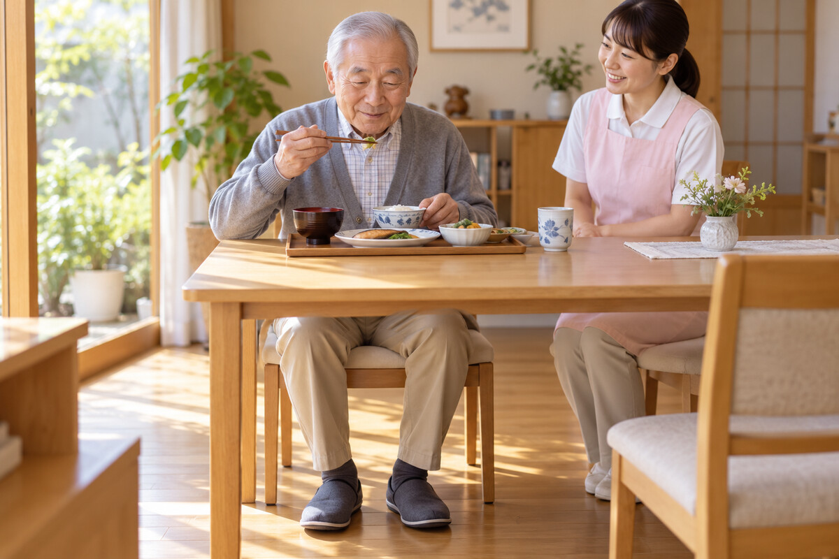 正しい姿勢で安全に食事をする高齢者