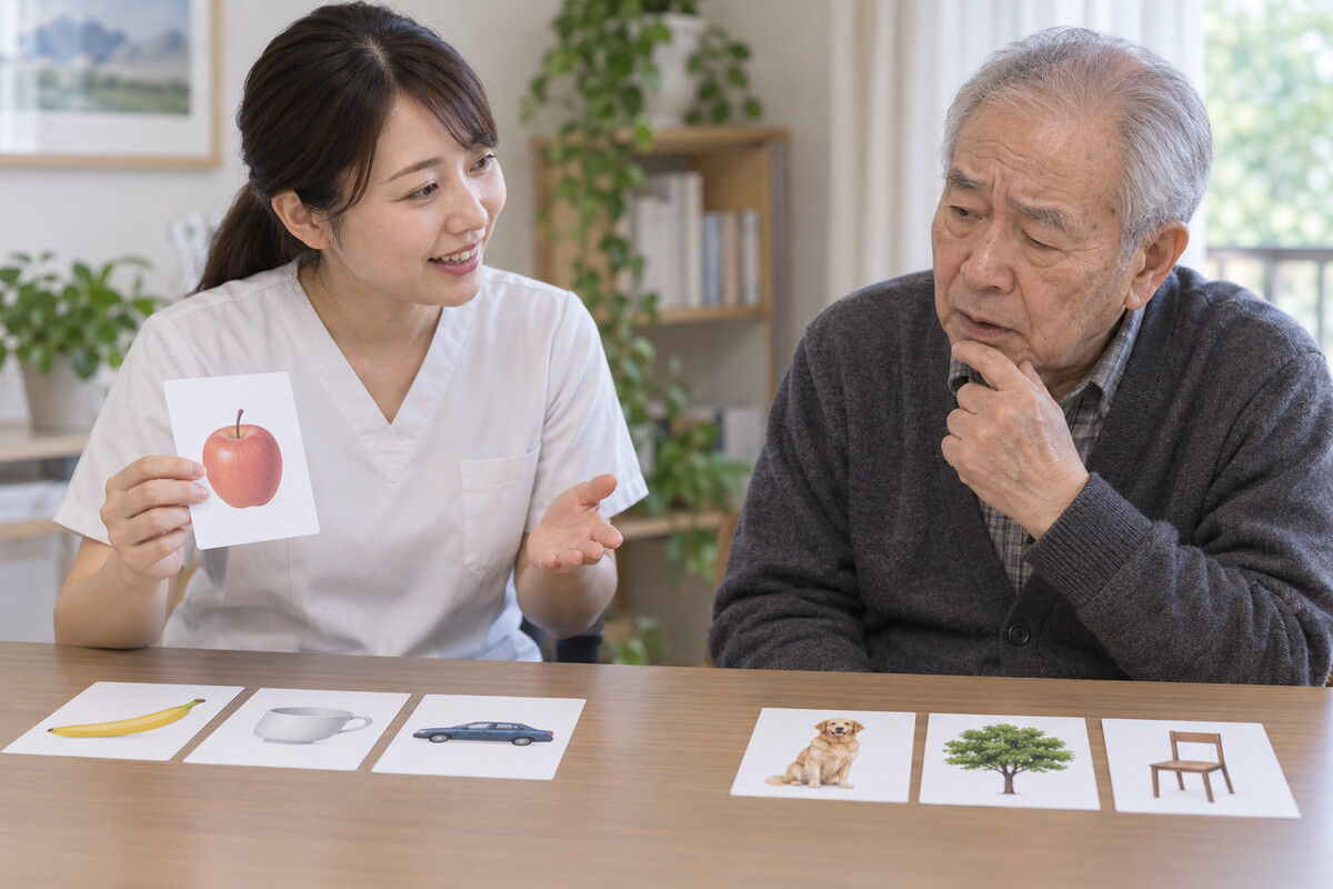 絵カードを使って言葉の状態を確認する言語聴覚士と高齢者