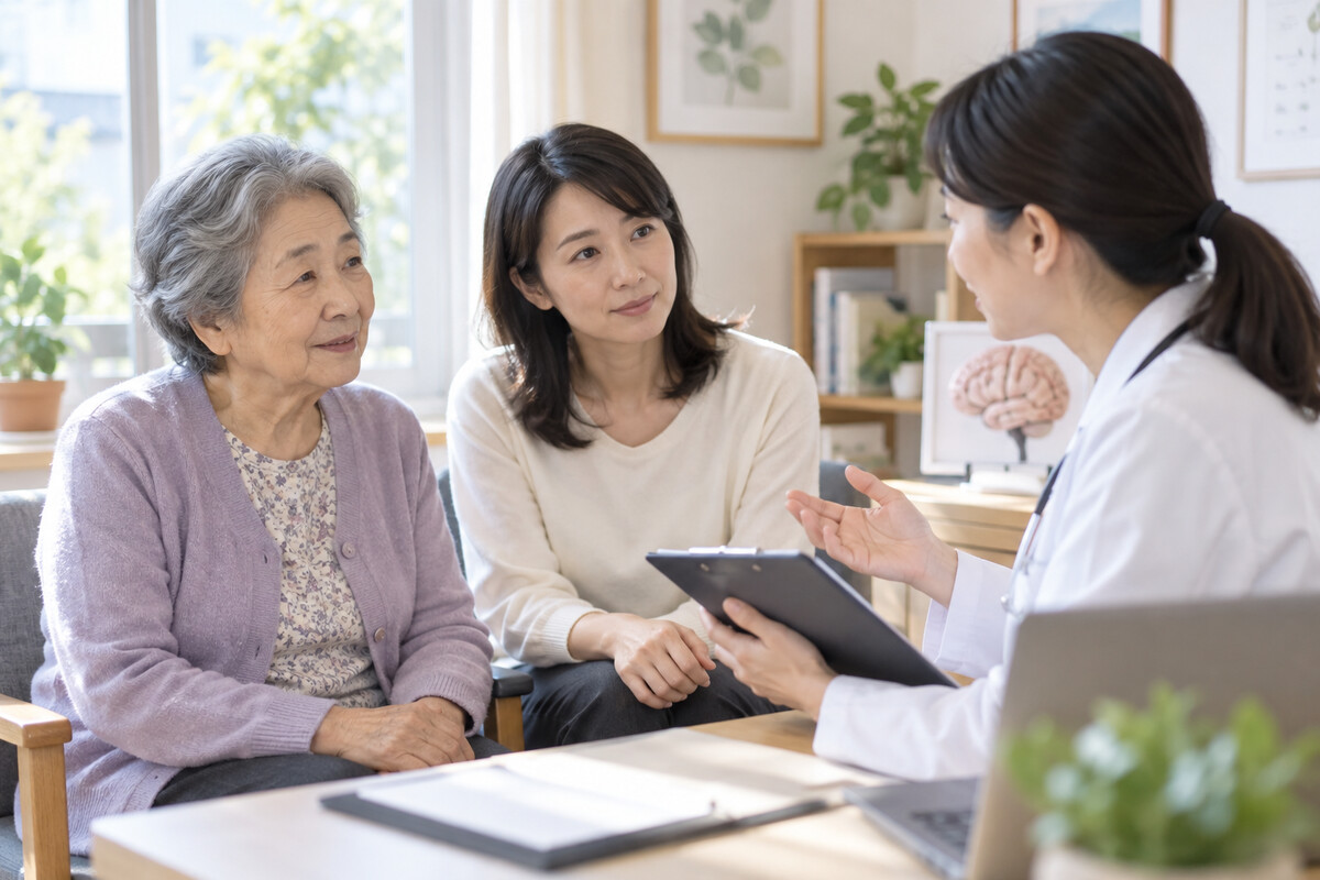 失語症と認知症の違いについて説明を聞く高齢者と家族