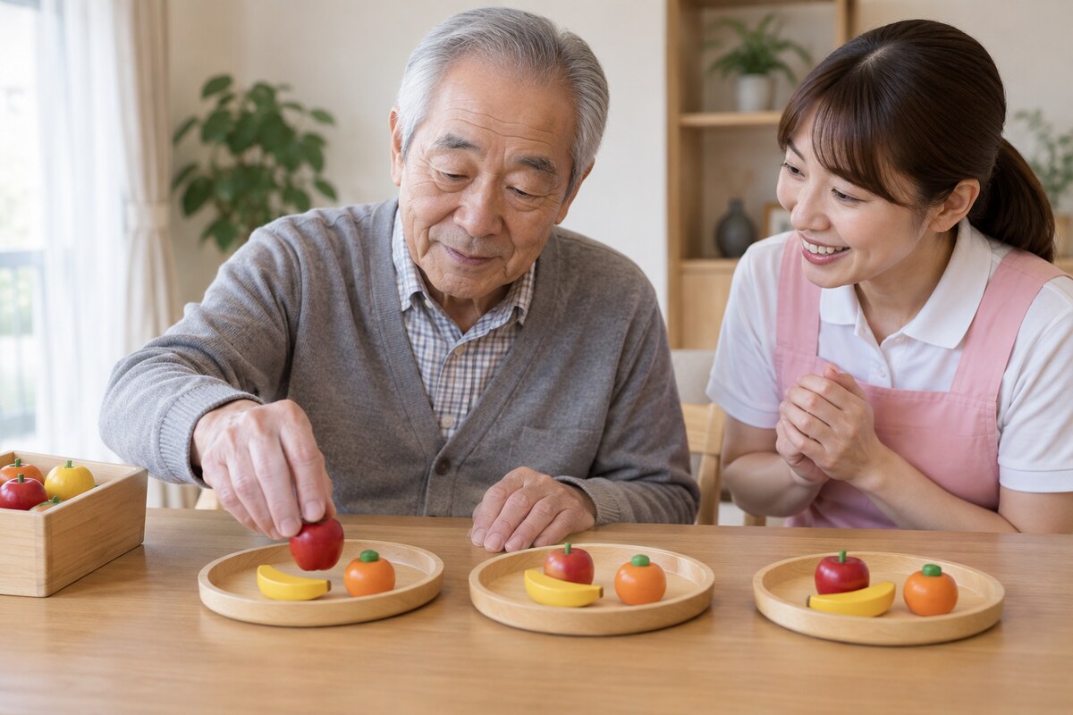 果物を同じ数ずつ並べて掛け算を考える高齢者
