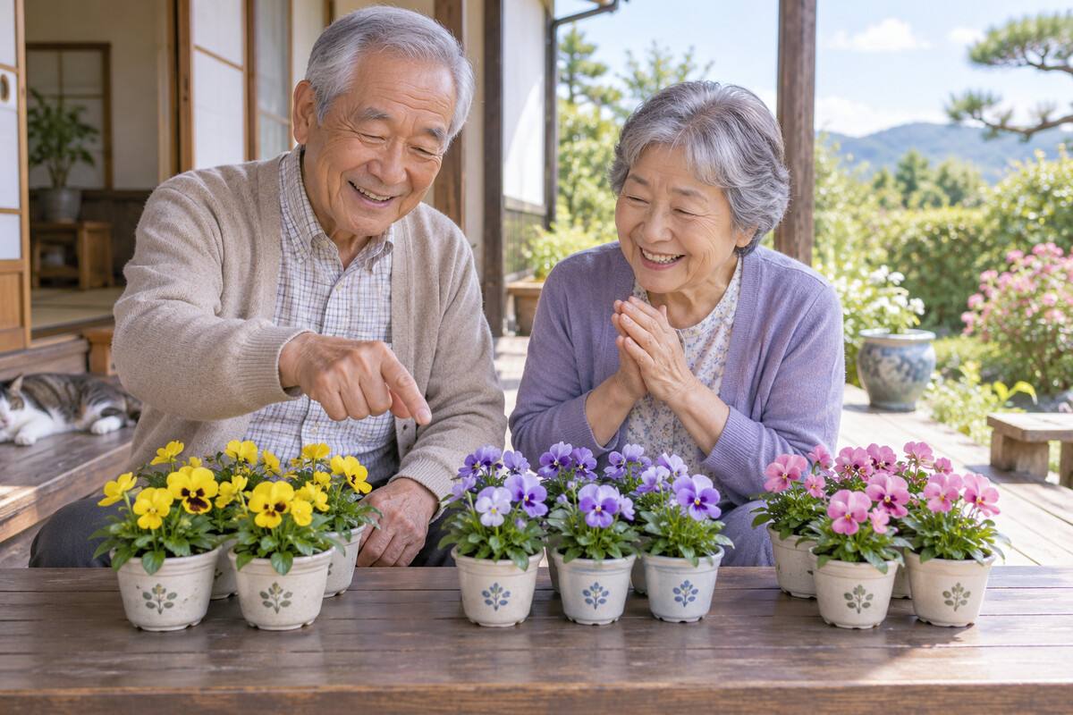 花鉢のまとまりを数えて掛け算を楽しむ高齢夫婦