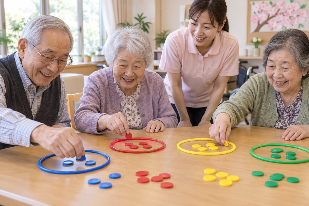 グループ分けしたコマで掛け算を楽しむ高齢者