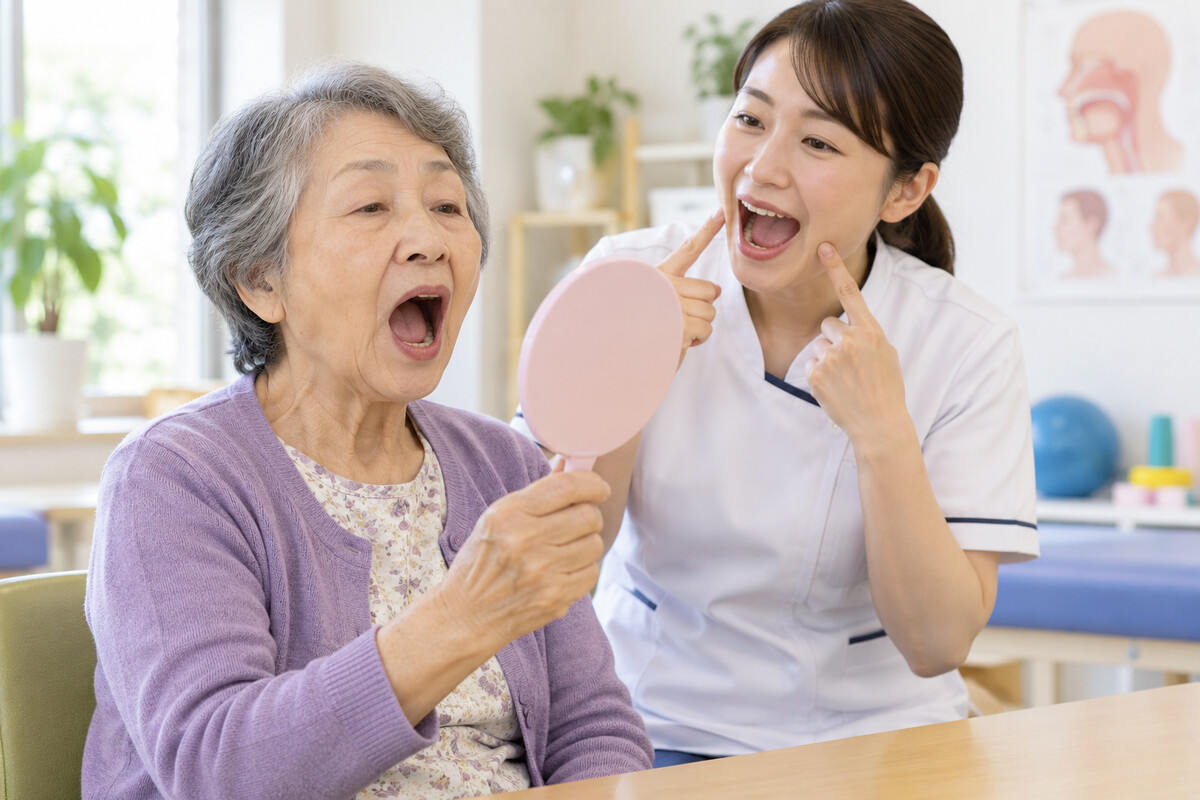 鏡を見ながらあいうべ体操に取り組む高齢者