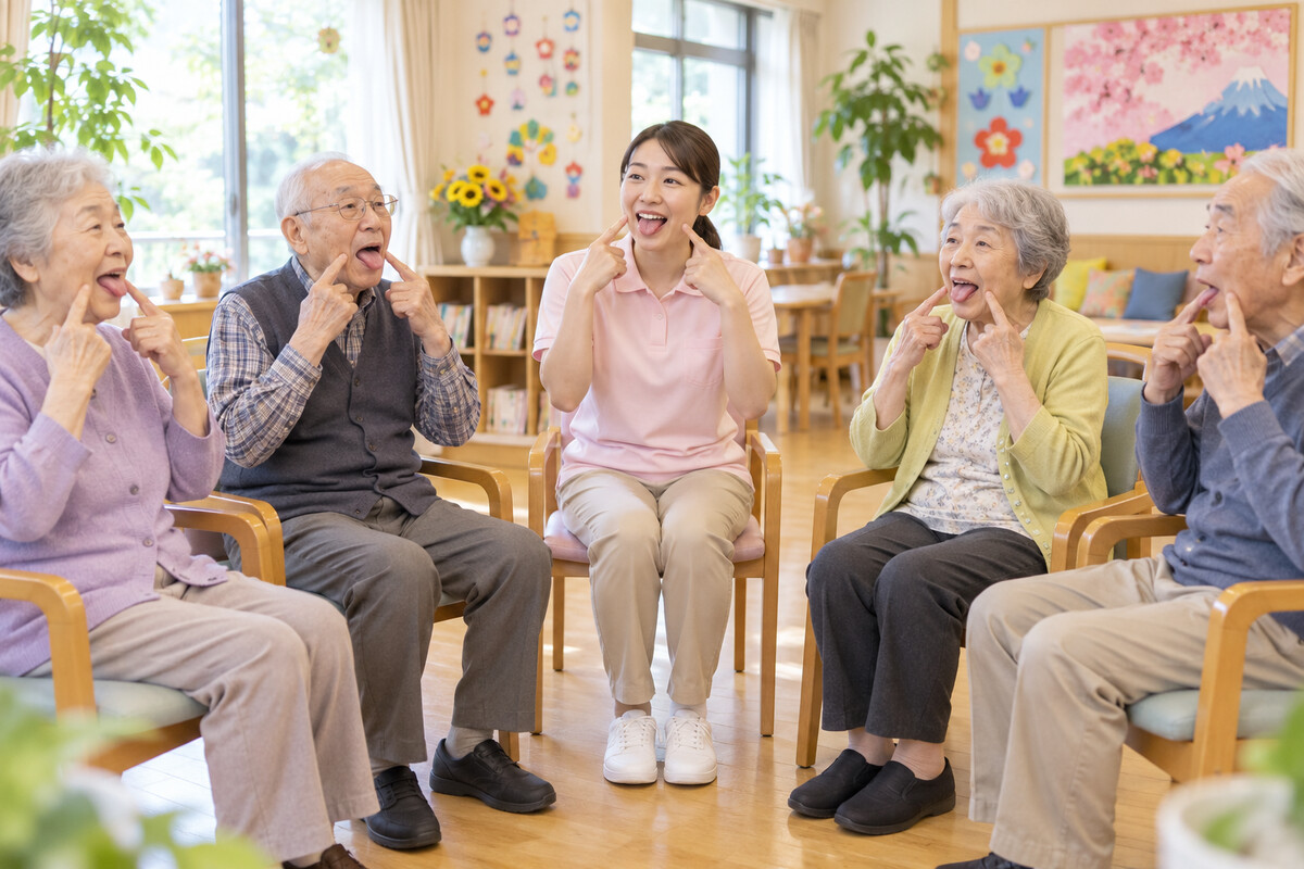 支援者と一緒にあいうべ体操を行う高齢者グループ