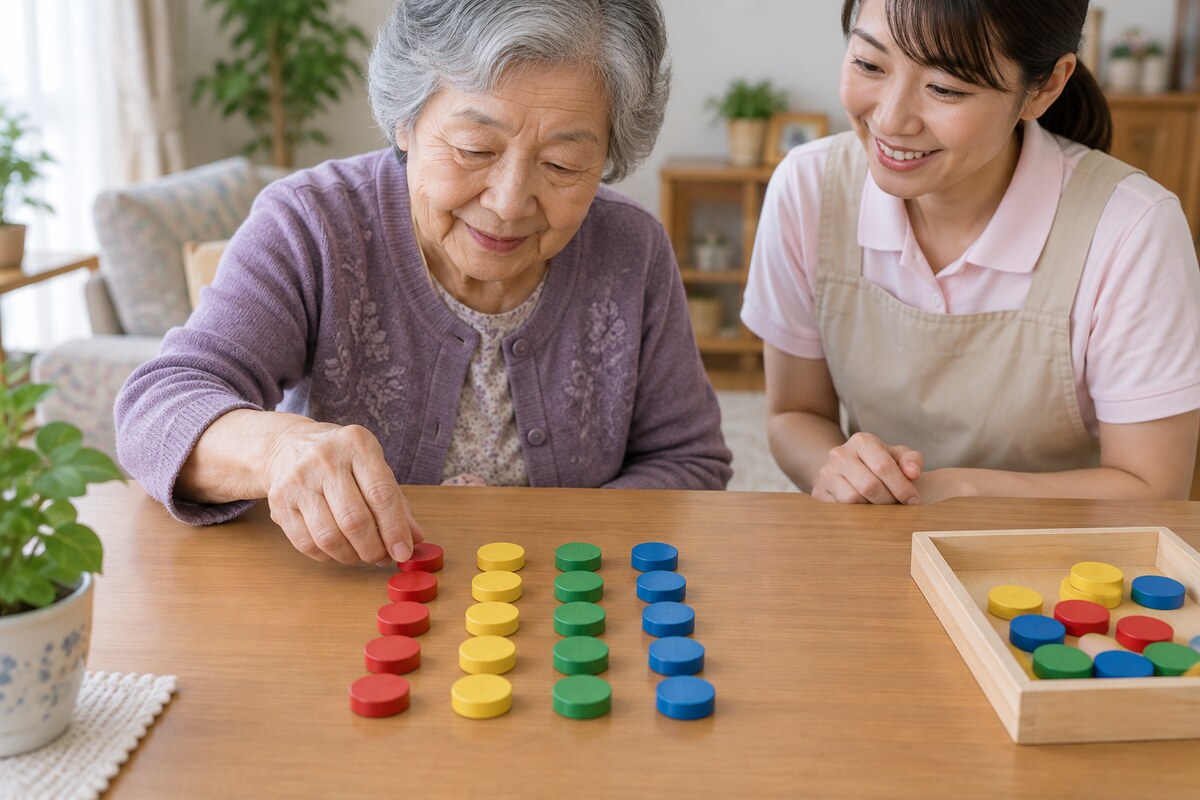 色付きコマを縦横に並べて九九を学ぶ高齢者