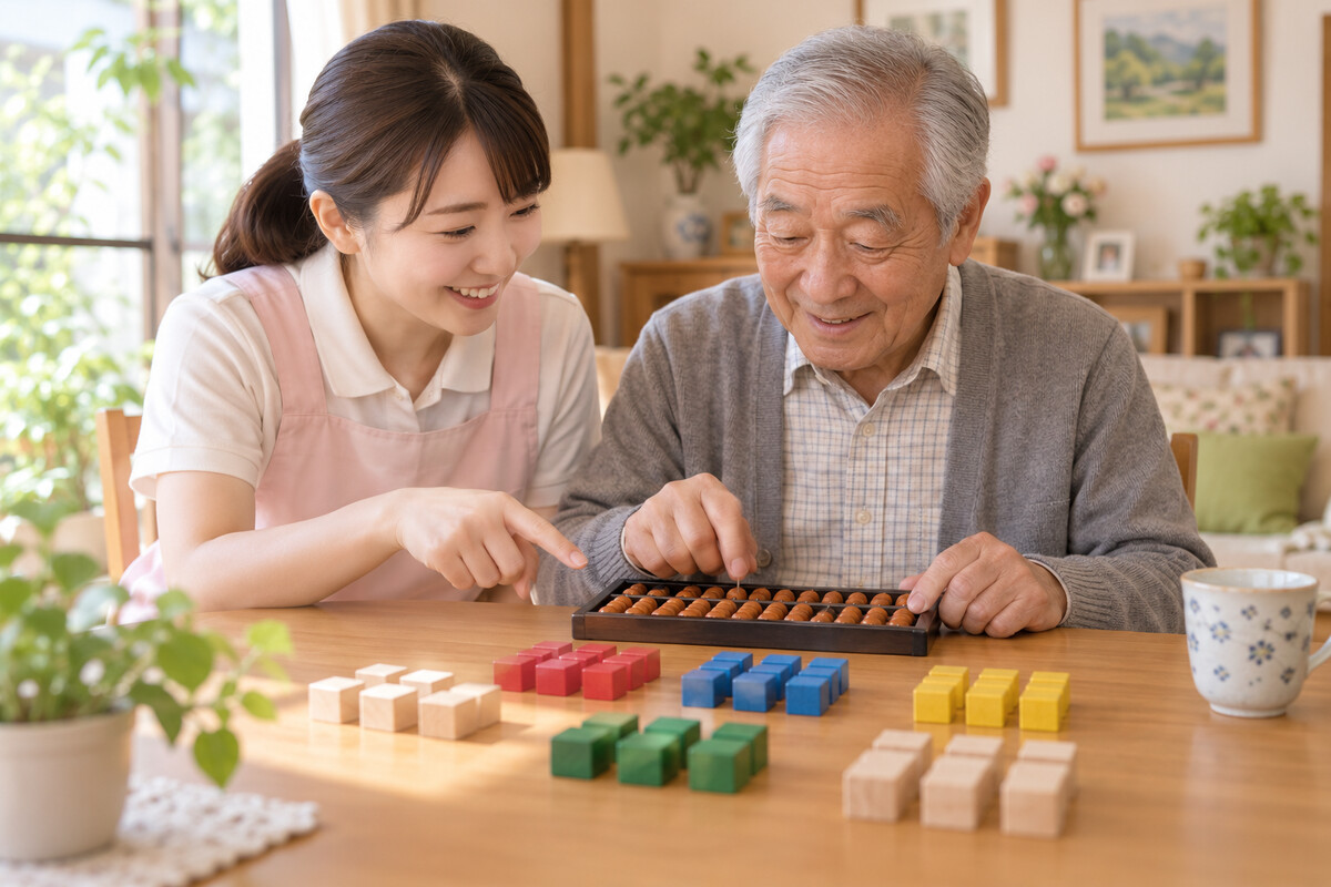 そろばんと積み木を使って九九を学ぶ高齢者