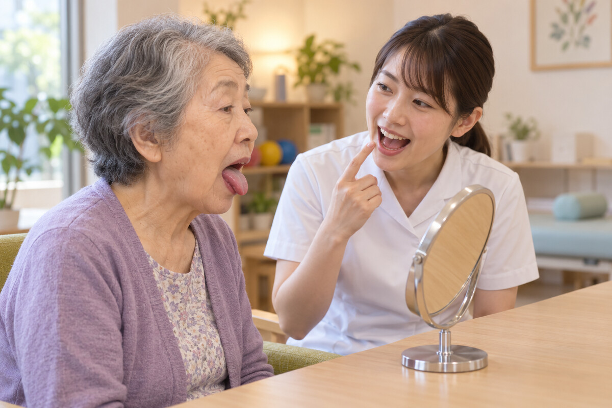 言語聴覚士と鏡を使って早口言葉の発音練習をする高齢者