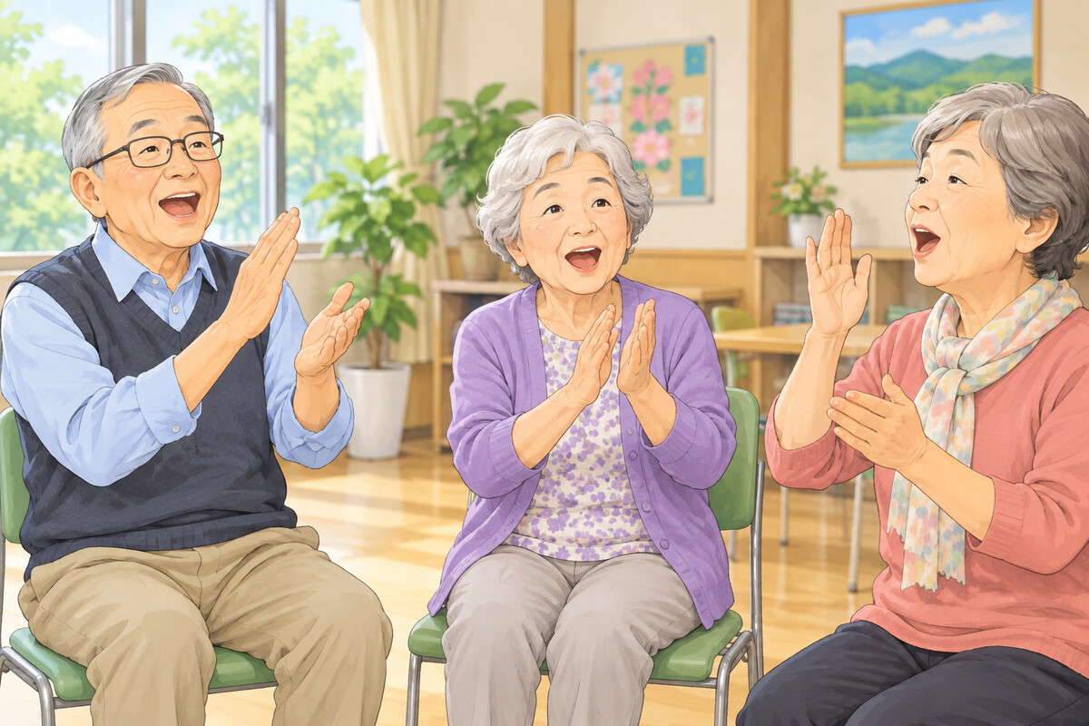手拍子を交えて発音練習を楽しむ高齢者グループ
