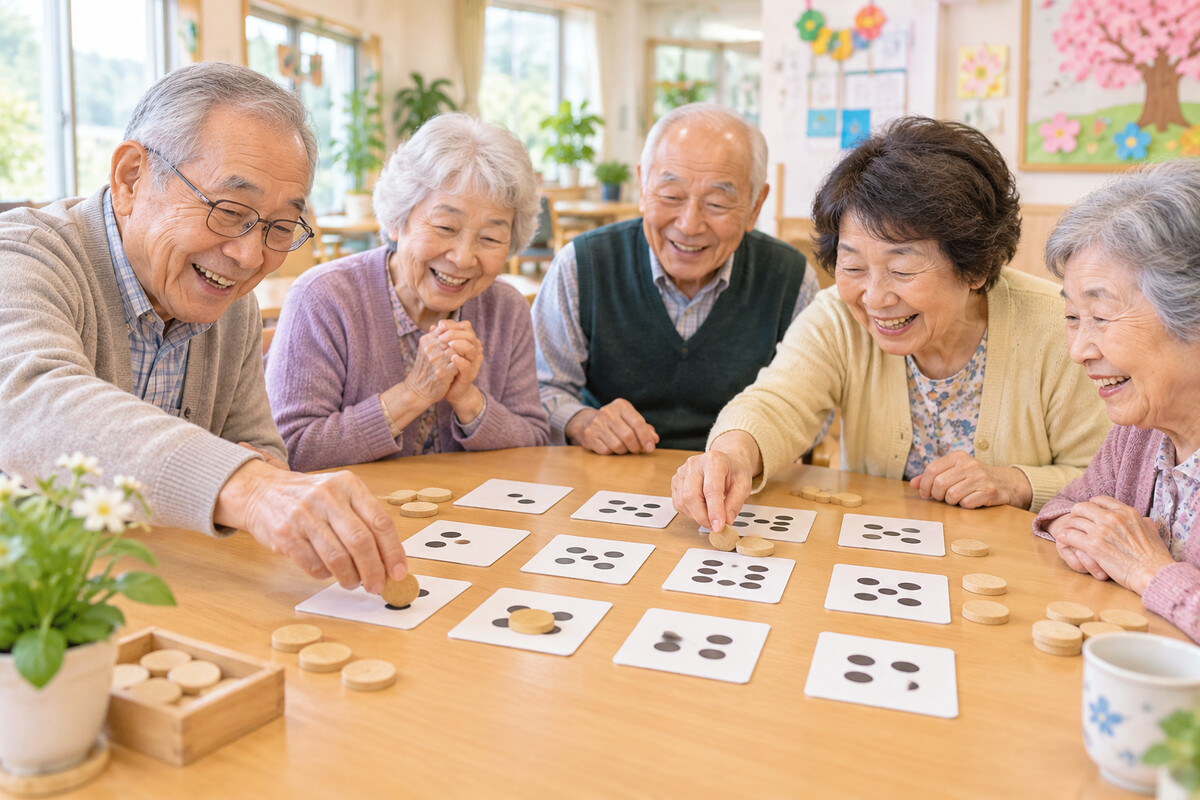点カードを使った九九ゲームを楽しむ高齢者グループ