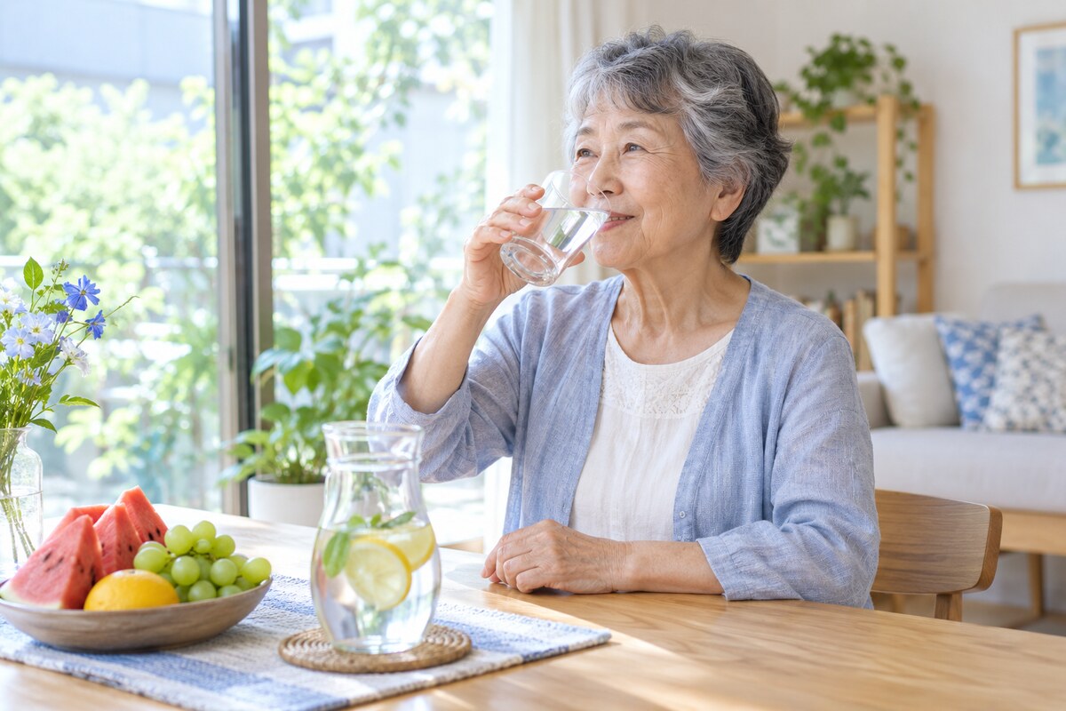 自宅で水分補給をする高齢者