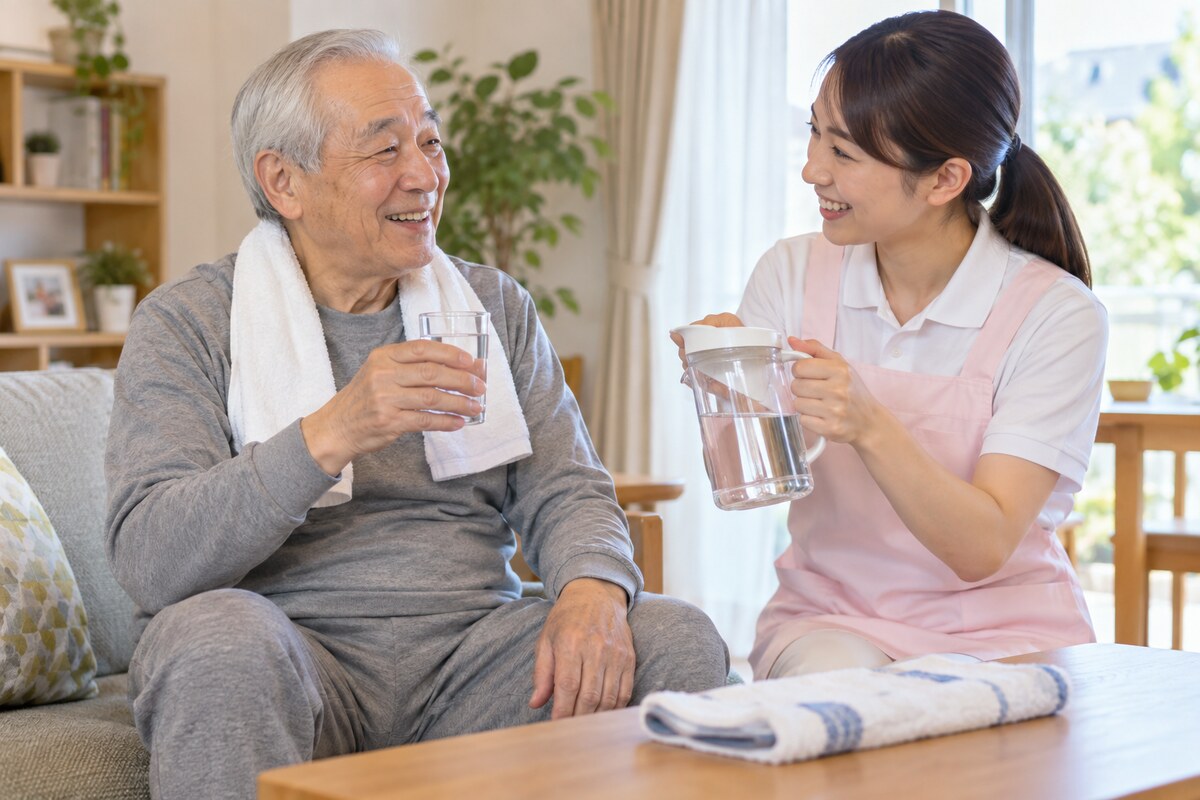 運動後に介護職から水分を受け取る高齢者