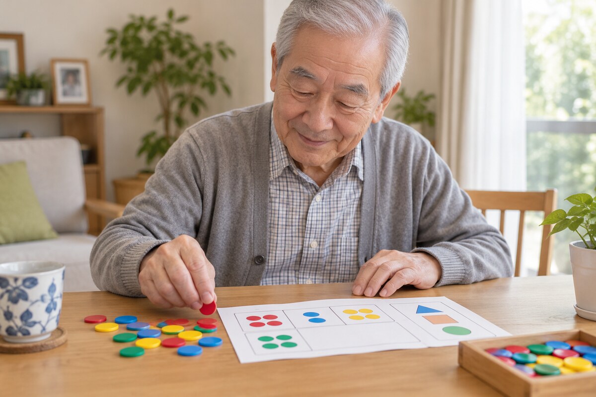 色付きコマを使った計算脳トレに取り組む高齢者