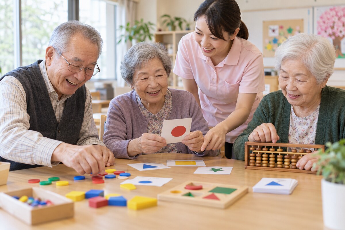複数の教材を使った認知症予防の脳トレを楽しむ高齢者