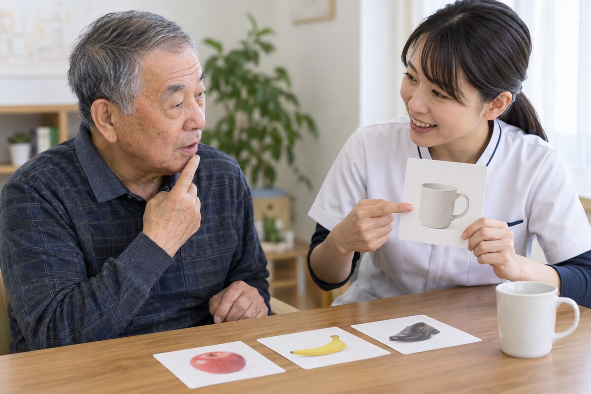 言語聴覚士と失語症のリハビリに取り組む高齢者
