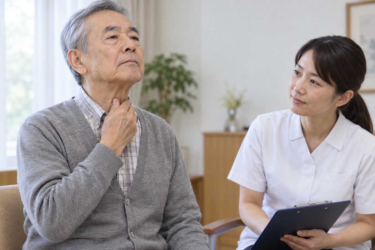 言語聴覚士が見守る中で嚥下状態を確認する高齢者