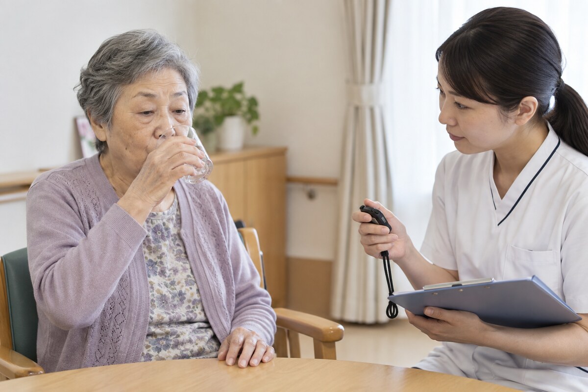 水を飲む様子から嚥下状態を確認する言語聴覚士