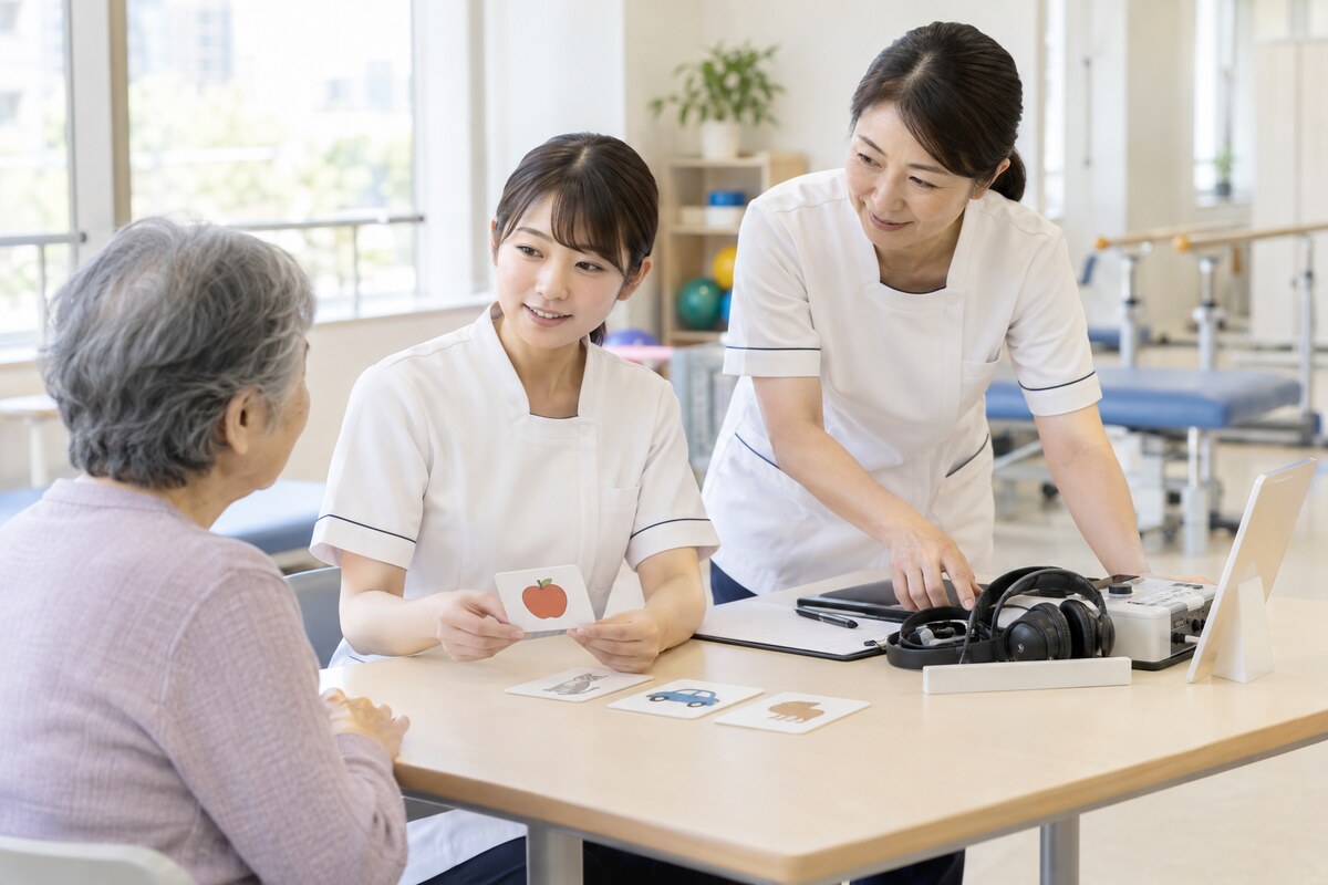 臨床実習で高齢者の評価を学ぶ言語聴覚士の学生