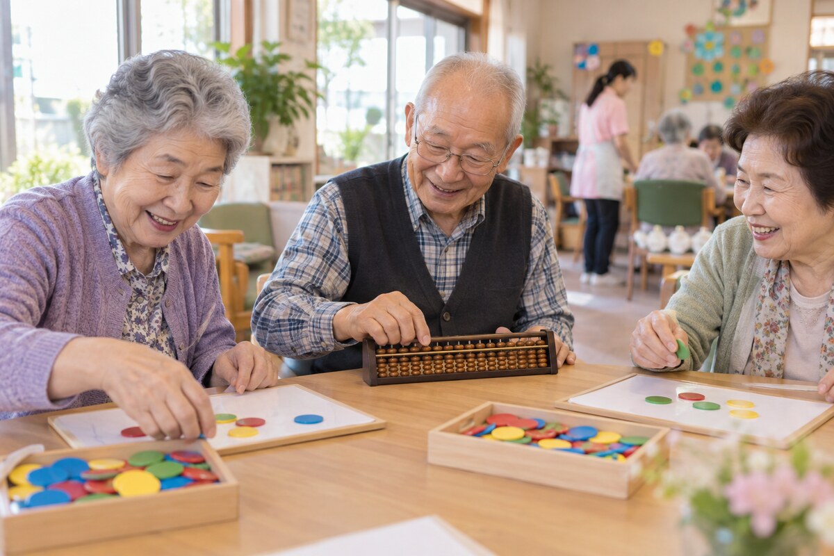 計算脳トレを楽しむ高齢者グループ