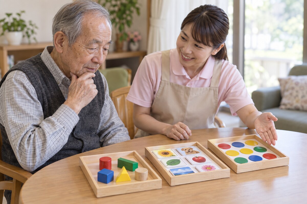 介護職と脳トレ教材を選ぶ高齢者