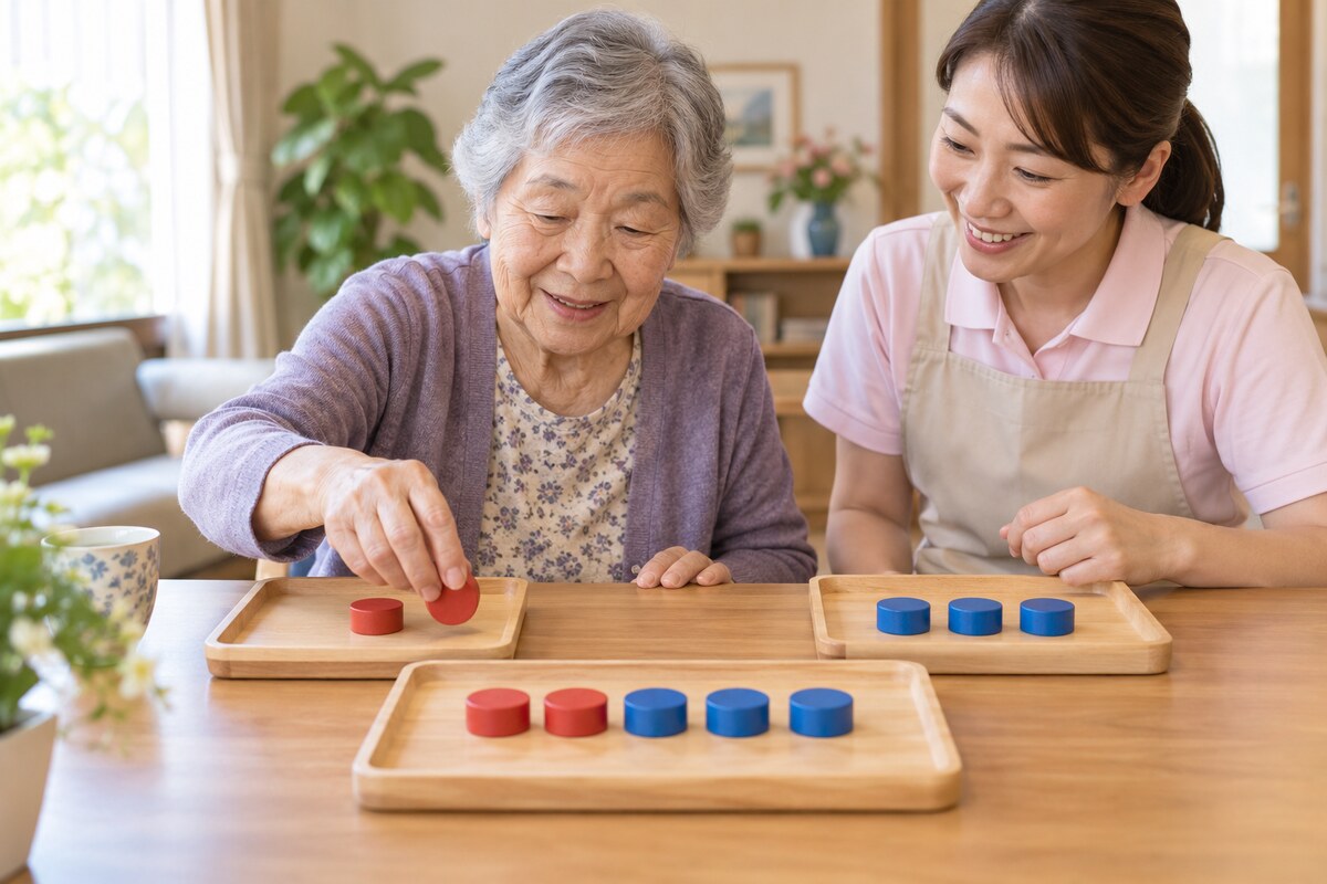 色付きコマを使って足し算を考える高齢者