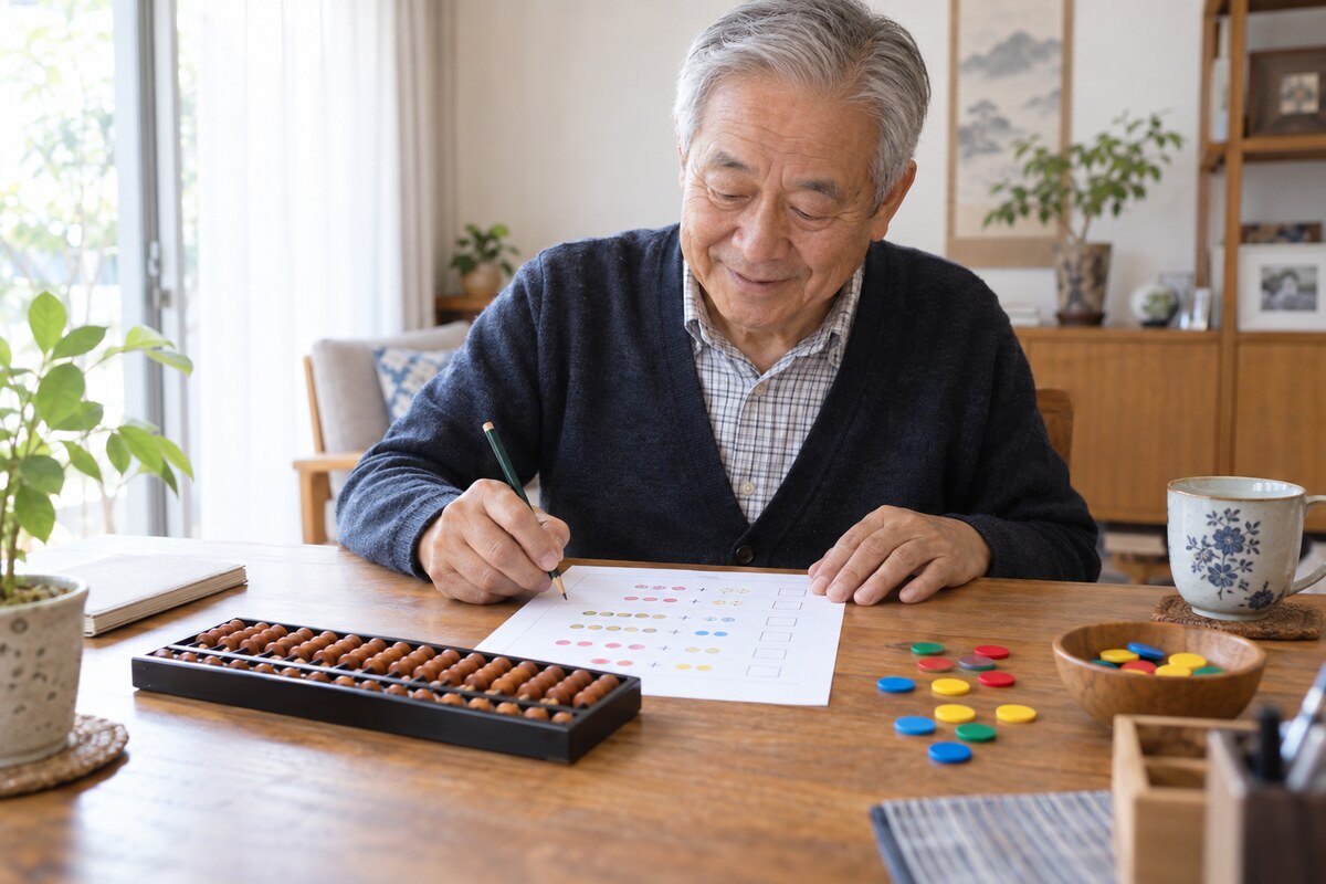 そろばんとコマを使って足し算に取り組む高齢者