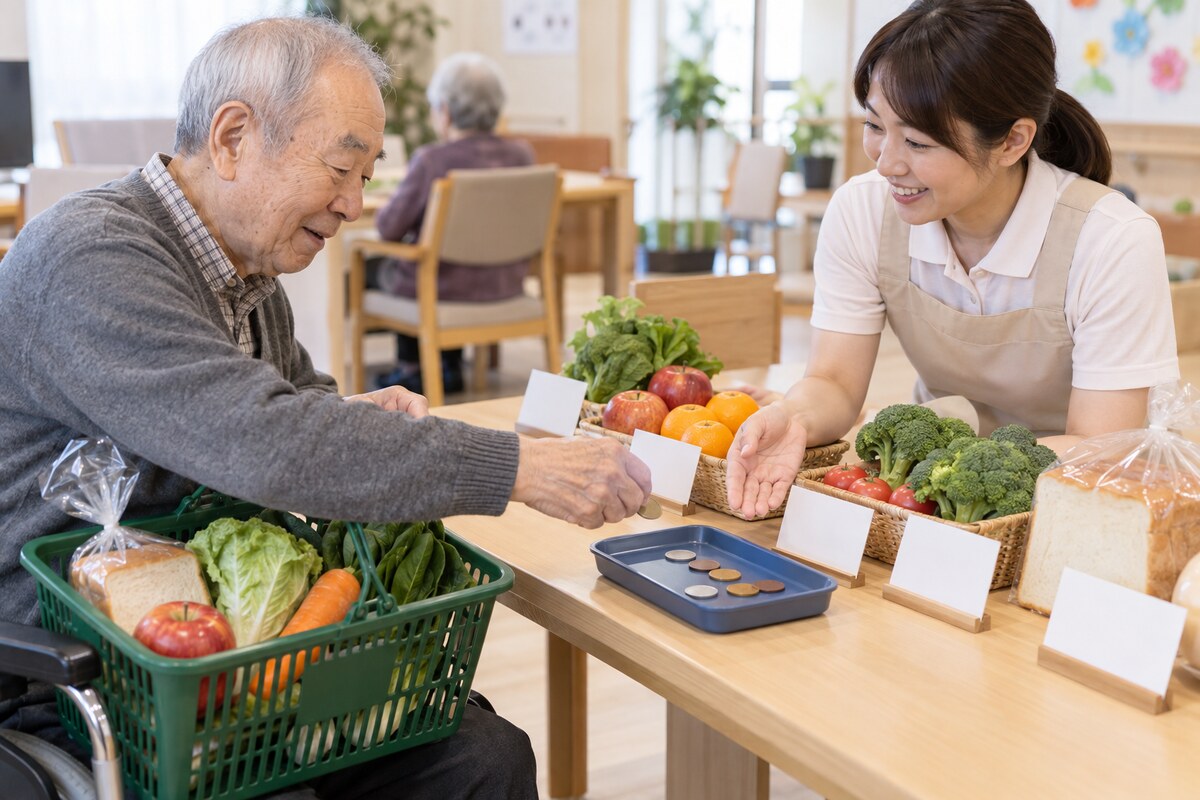 買い物場面を想定してお金の計算問題に取り組む高齢者