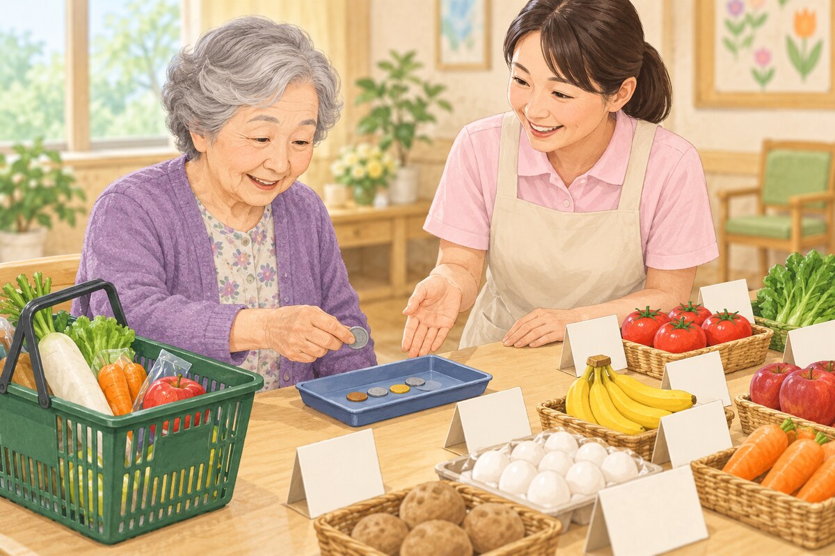 硬貨と商品を使ってお金の計算を練習する高齢者