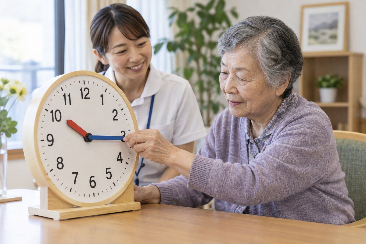 大きな学習時計の針を動かす高齢者