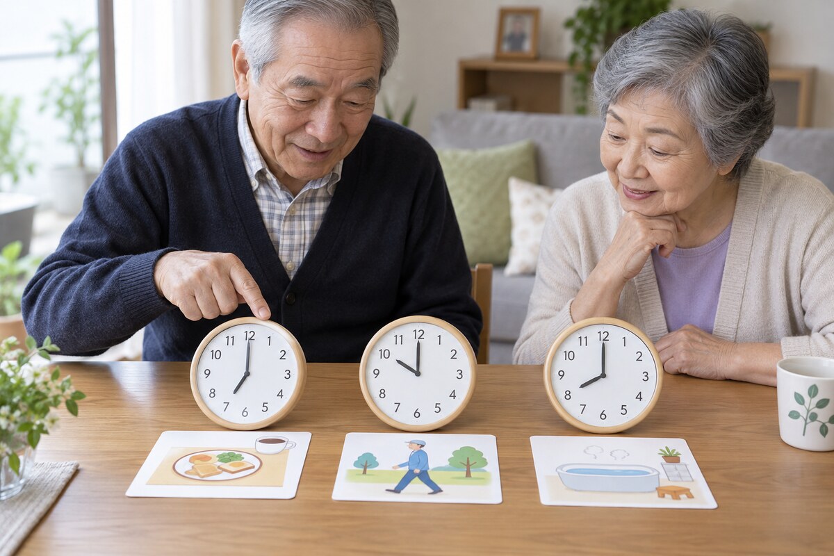 複数の時計と生活絵カードで時間を考える高齢夫婦