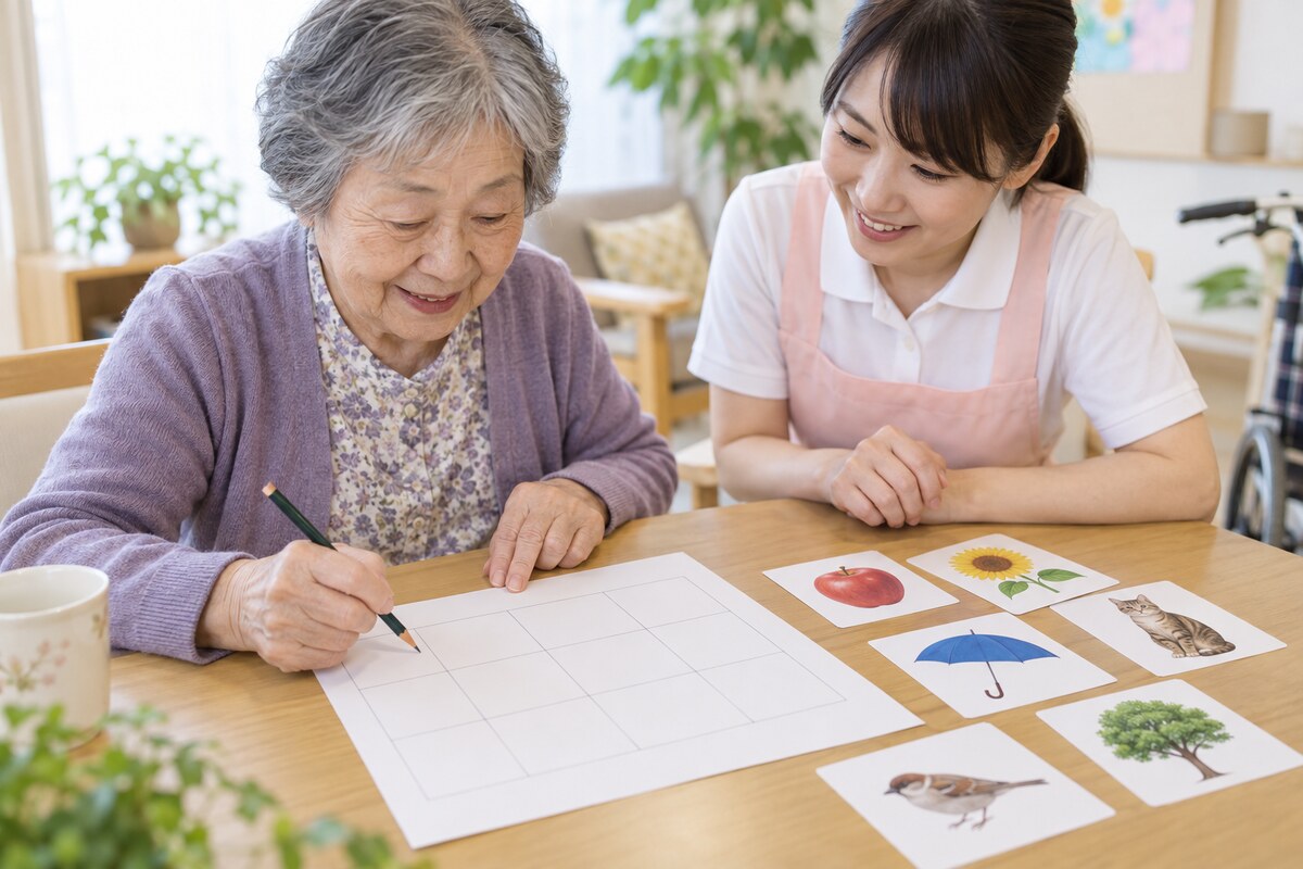 やさしい漢字問題に取り組む高齢者