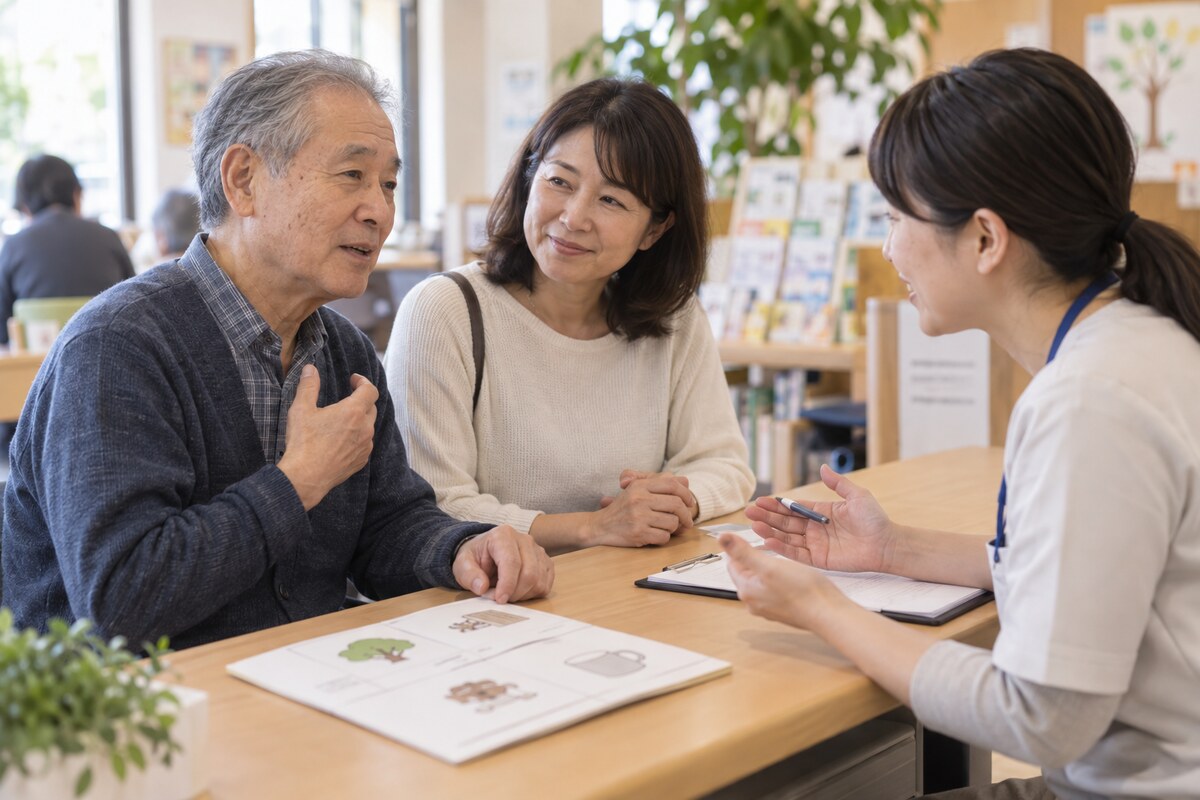 失語症の本人と家族が支援員へ相談する様子