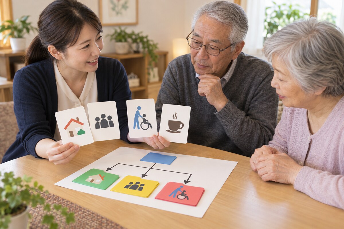 失語症の支援サービスを絵カードで確認する高齢夫婦