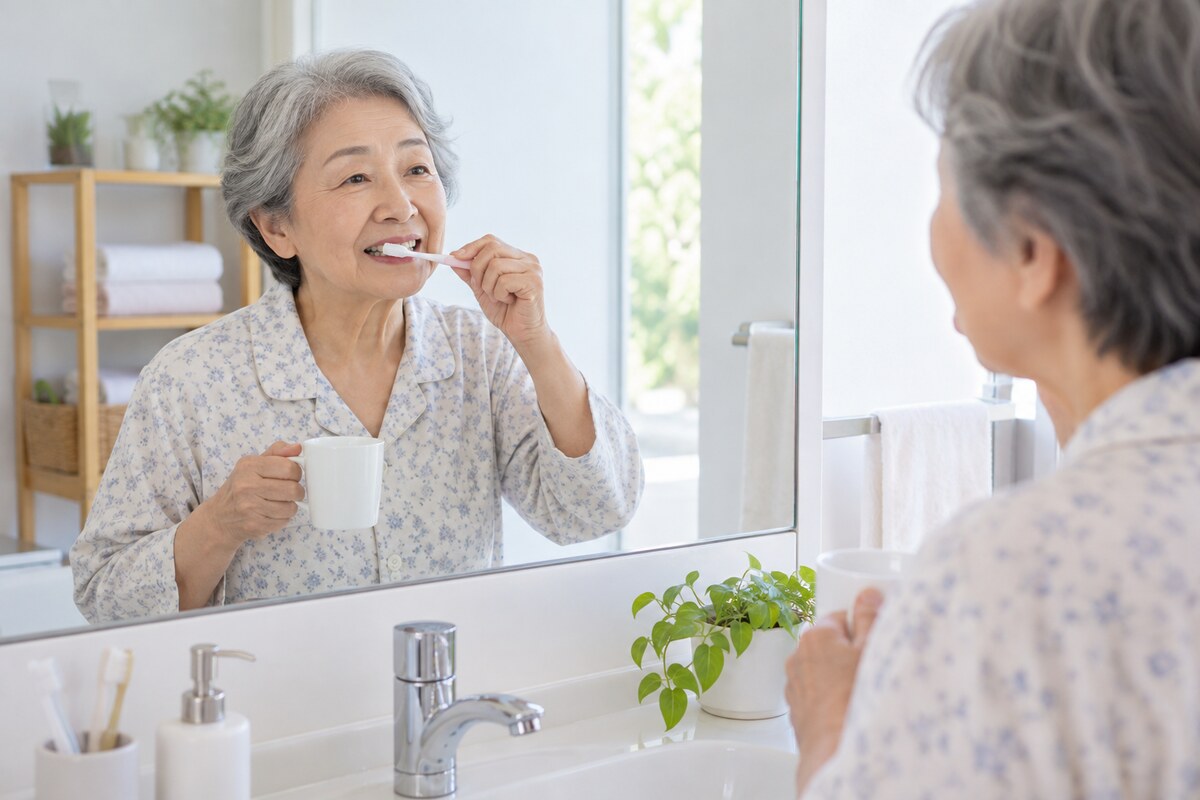 鏡を見ながら丁寧に歯を磨く高齢者