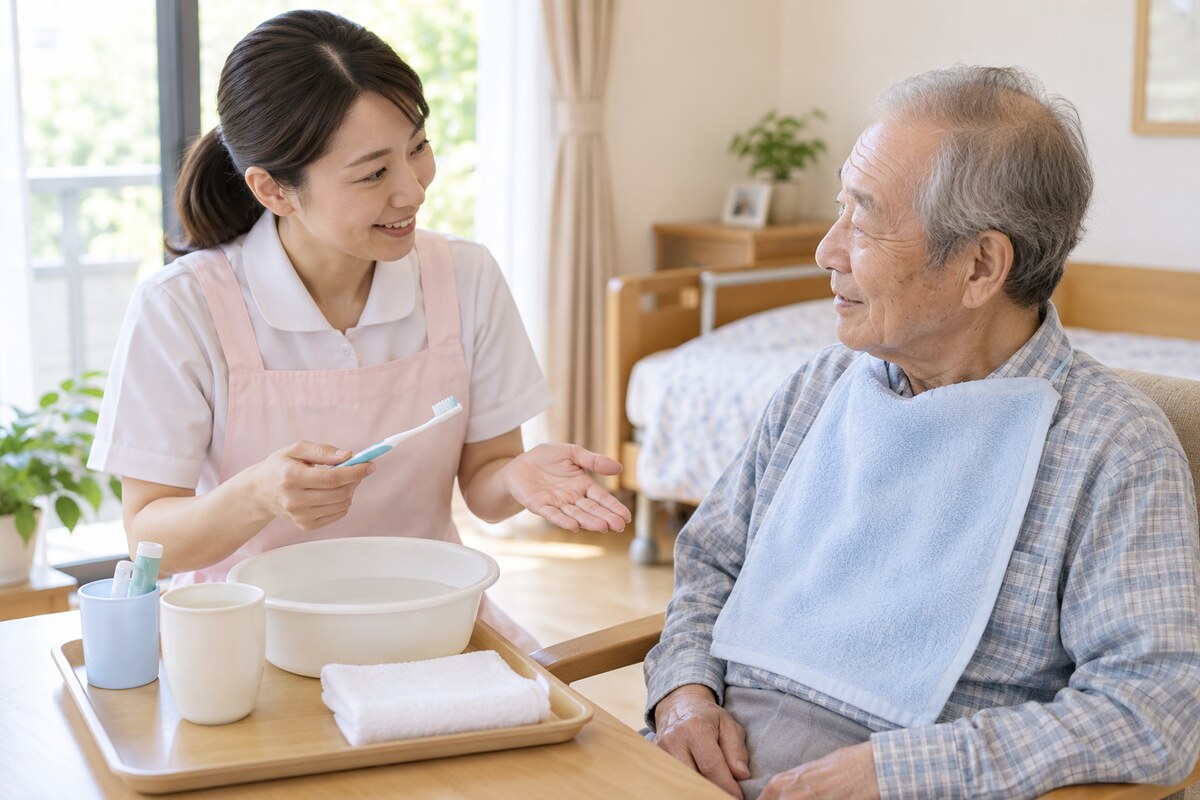 介護職から口腔ケアの説明を受ける高齢者