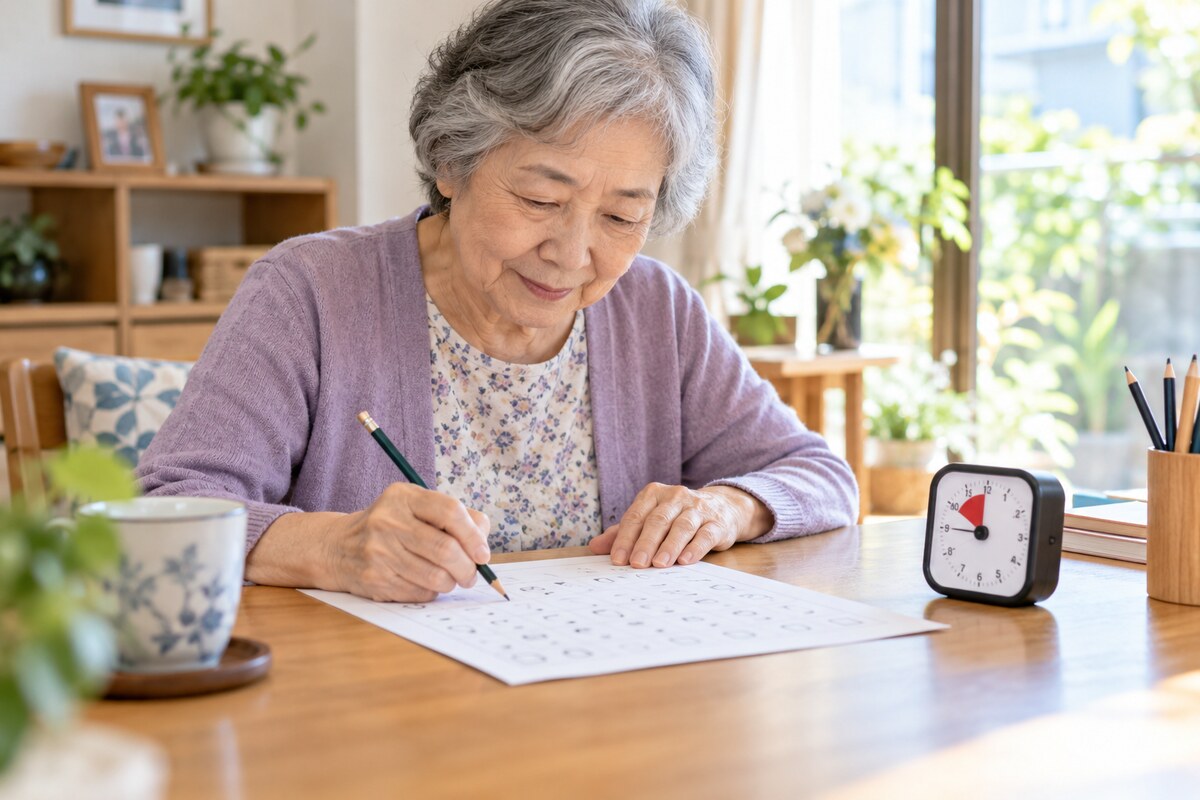 タイマーを使って計算課題に取り組む高齢者