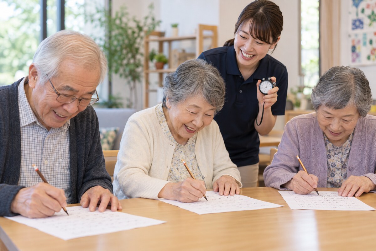 時間を意識しながら計算脳トレを楽しむ高齢者グループ