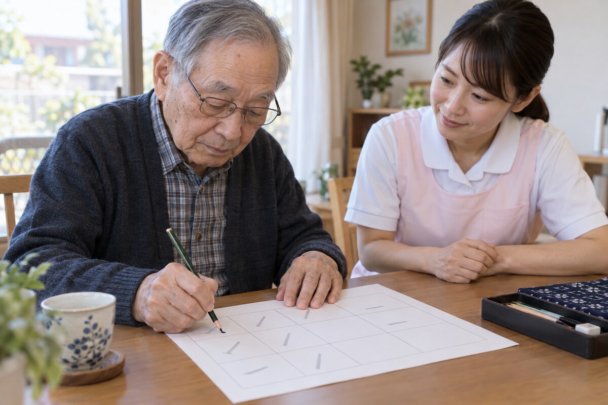 マス目の用紙に丁寧な線を書く高齢者