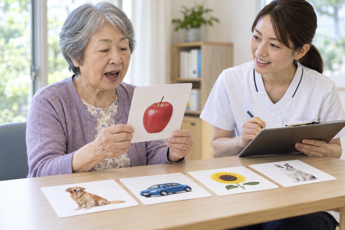 絵カードを見て声に出す高齢者と言語聴覚士