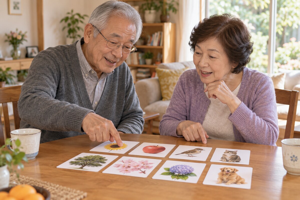 自宅で絵カードの読み課題を楽しむ高齢夫婦
