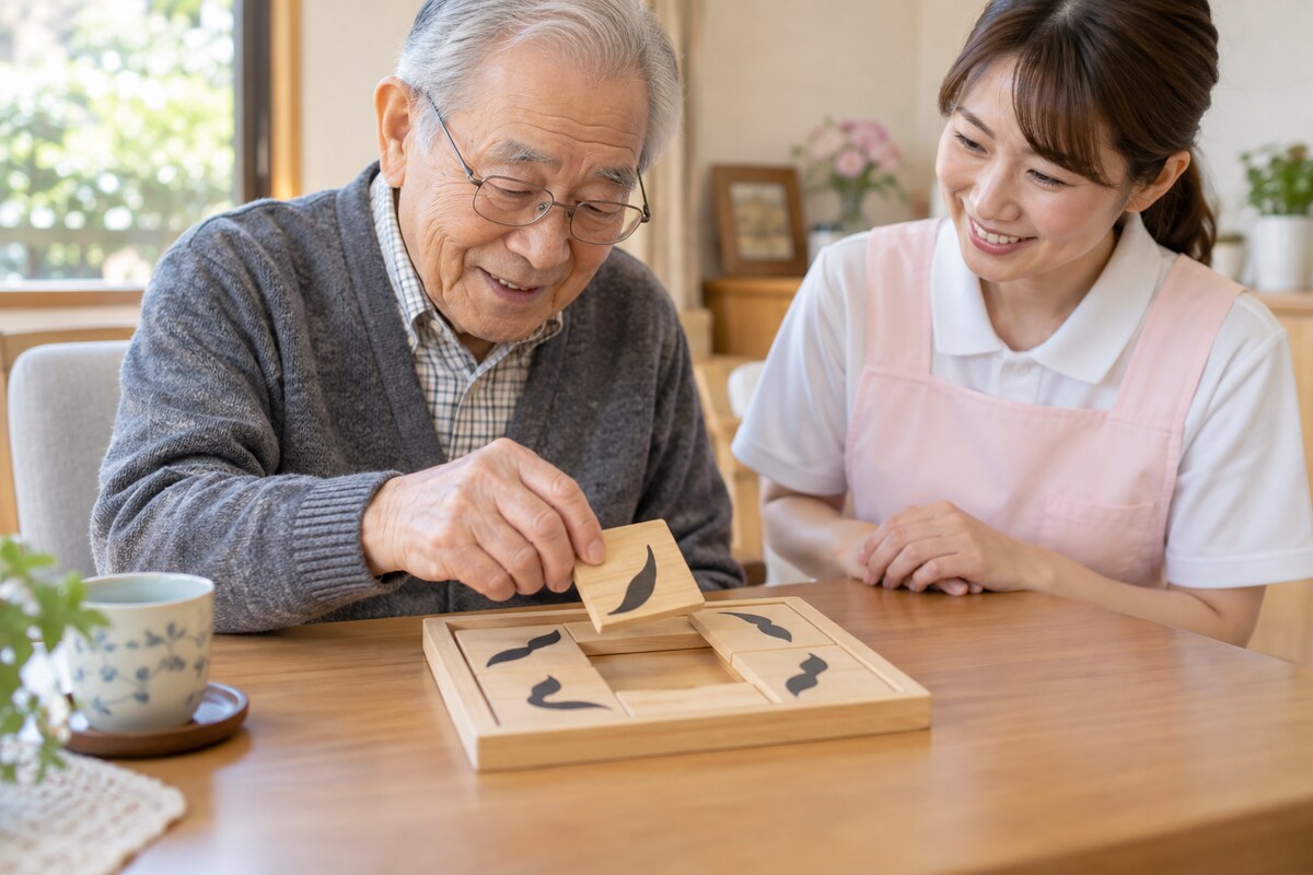 中央の空欄に合う木製カードを選ぶ高齢者