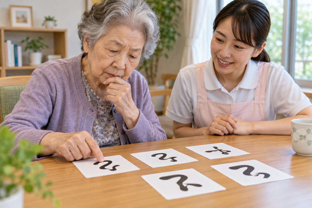 似た形のカードを見比べる高齢者