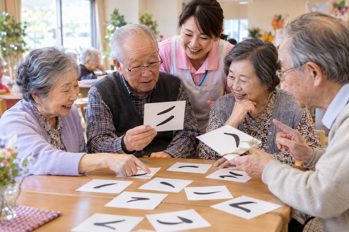 形の似たカードを使った脳トレを楽しむ高齢者